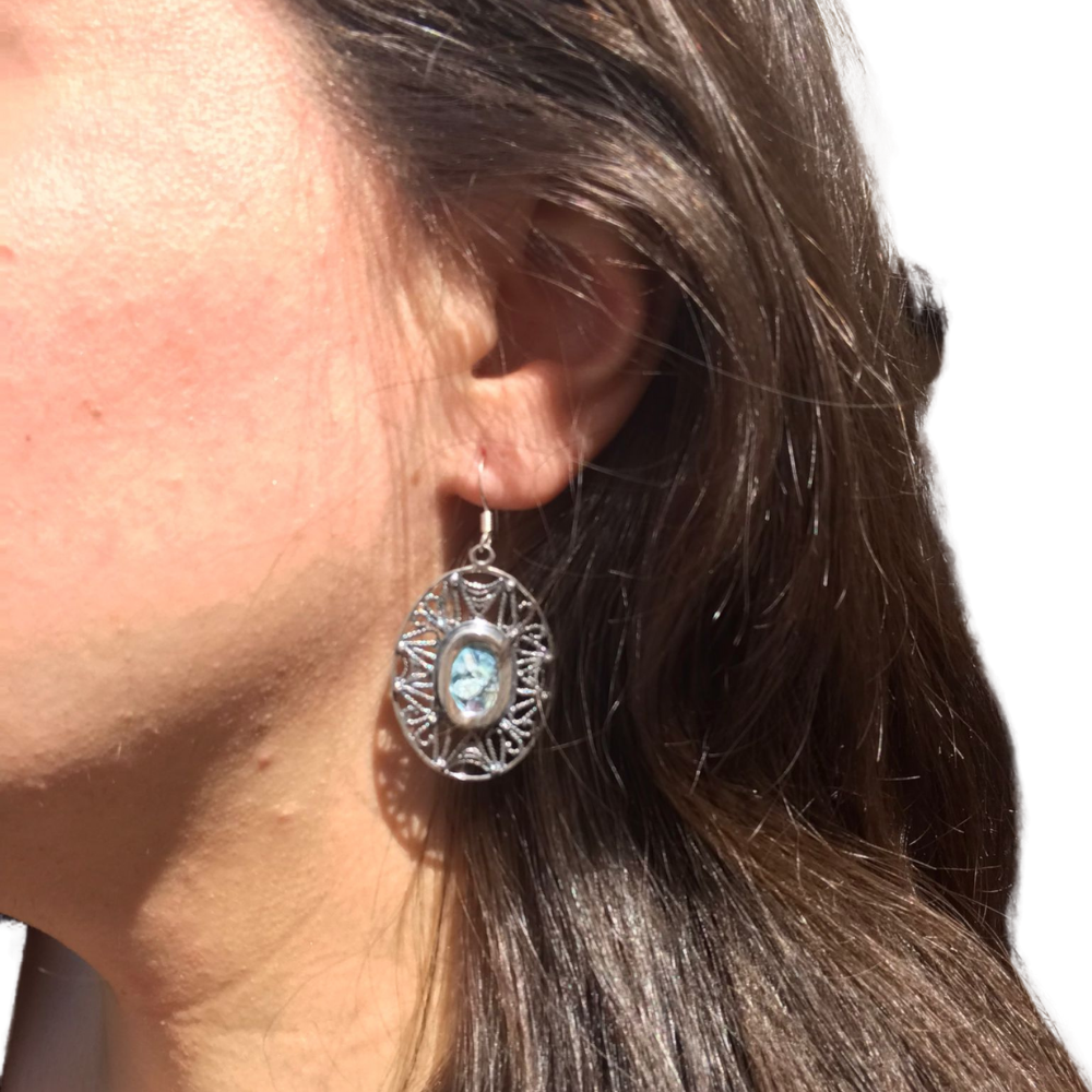Israeli Roman Glass Sterling Silver Filigree Earrings