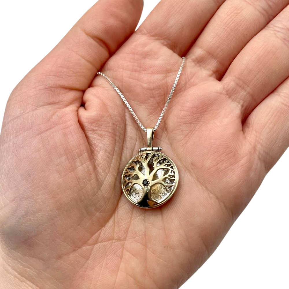 Tree of Life Necklace in Silver and Gold with Emerald