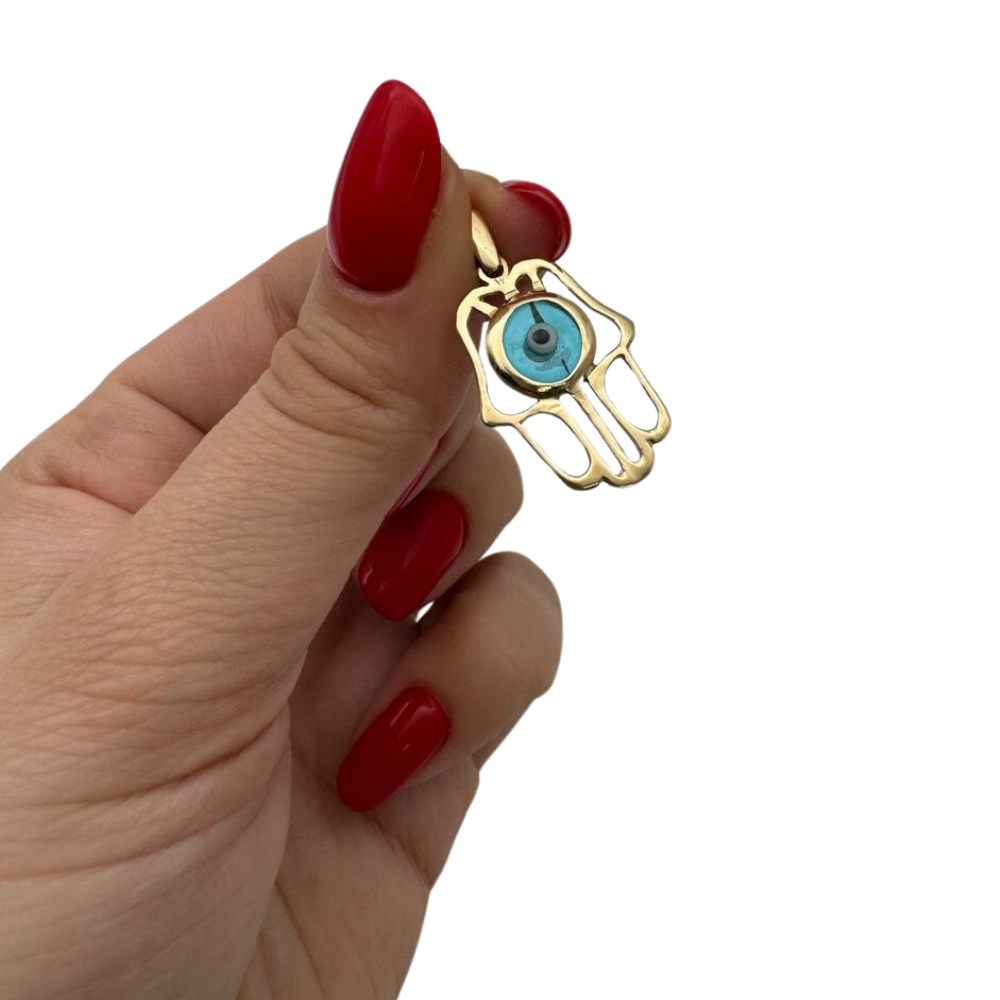 14k Gold Crystal Eye Hamsa Pendant