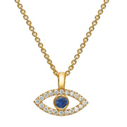 Evil Eye Pendant 18k Yellow Gold Diamond and Sapphire Chain Set