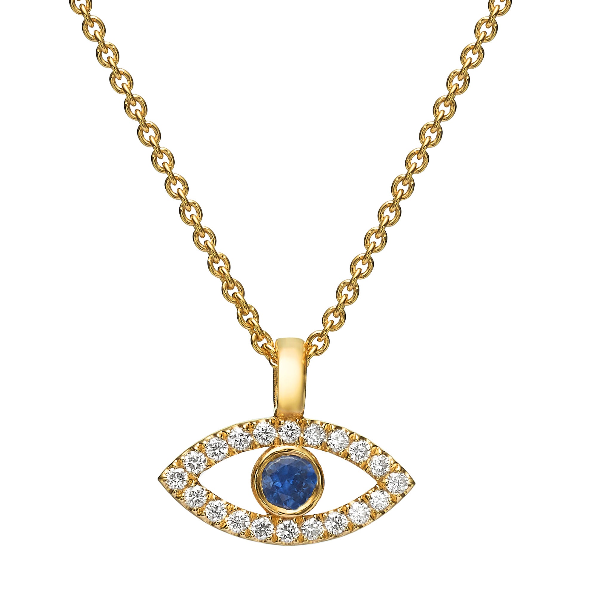 Evil Eye Pendant 18k Yellow Gold Diamond and Sapphire Chain Set