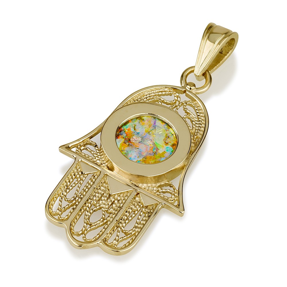 14k Gold Roman Glass Filigree Hamsa Pendant