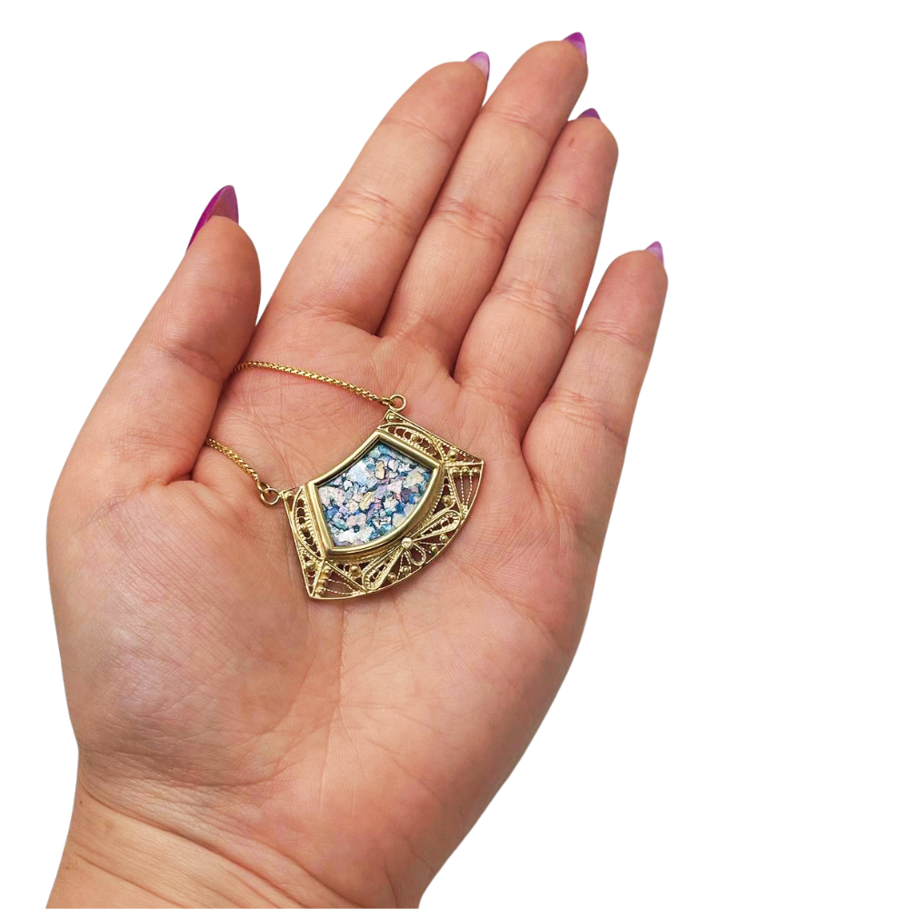 Roman Glass Necklace - 14k Gold Filigree Trapezoid Half Moon