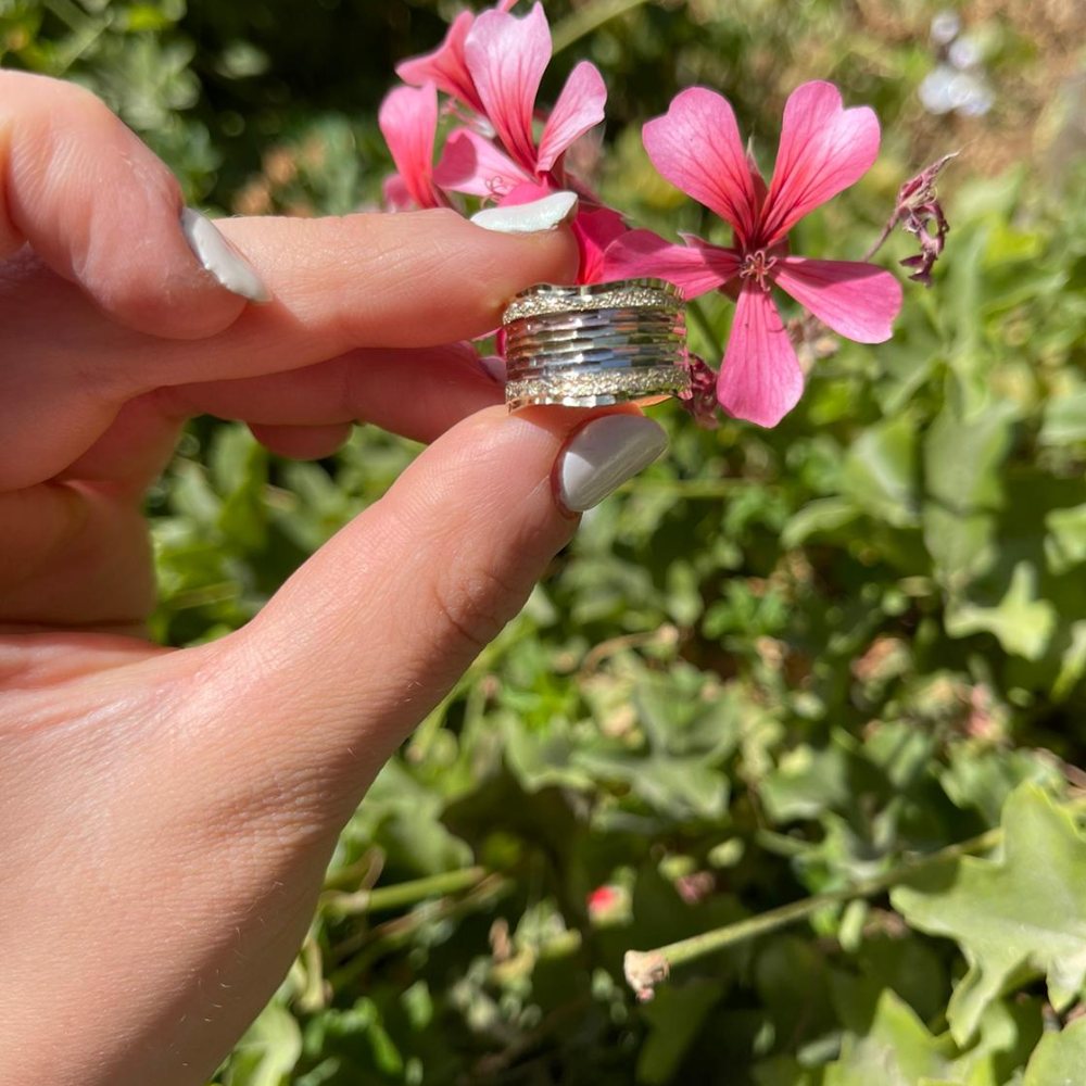 14k Gold Tricolor Textured Wide Wedding Ring