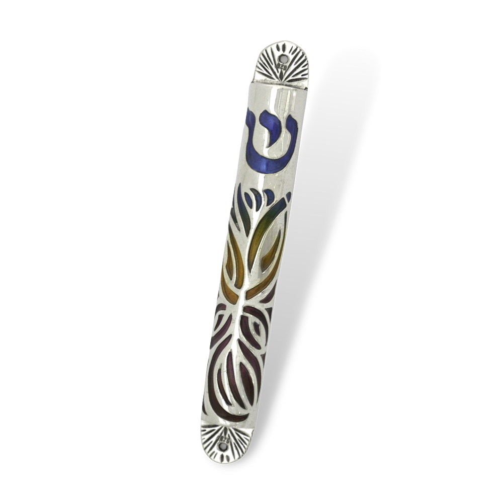 Mezuzah Case in Sterling Silver with Enamel Detailing