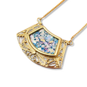 Roman Glass Necklace - 14k Gold Filigree Trapezoid Half Moon