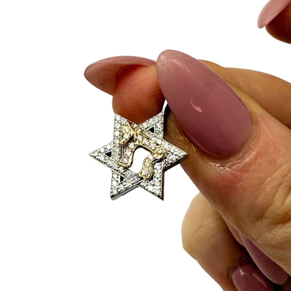 14K Two-Tone Gold Star of David & Chai Diamond Pendant