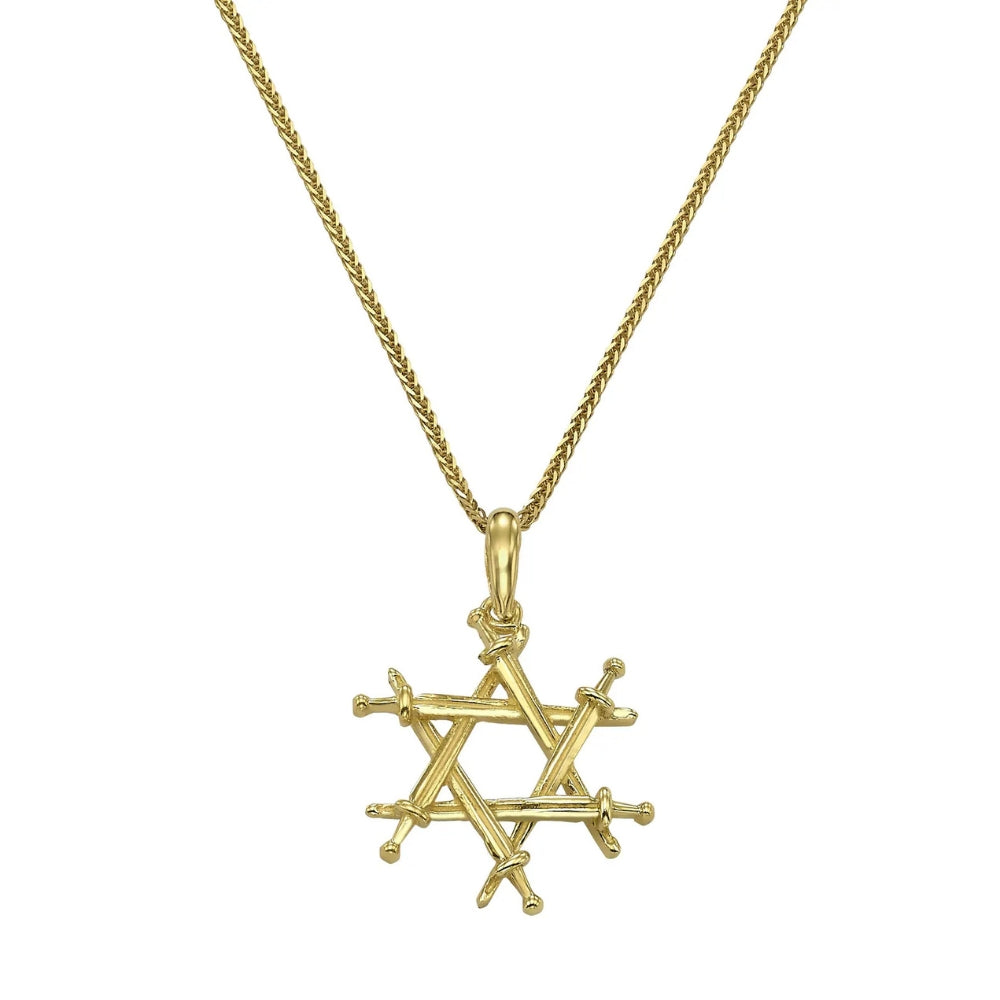 14K Solid Gold Iron Swords Star of David Pendant – Magen David Haravot Barzel Jewish Necklace