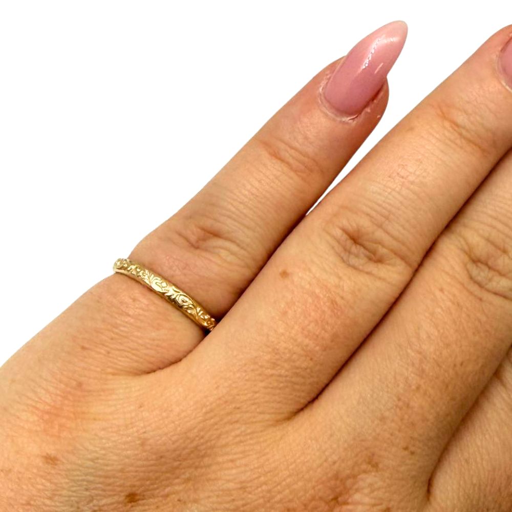 14K Solid Gold Floral Engraved Ring Vintage-Inspired Stackable