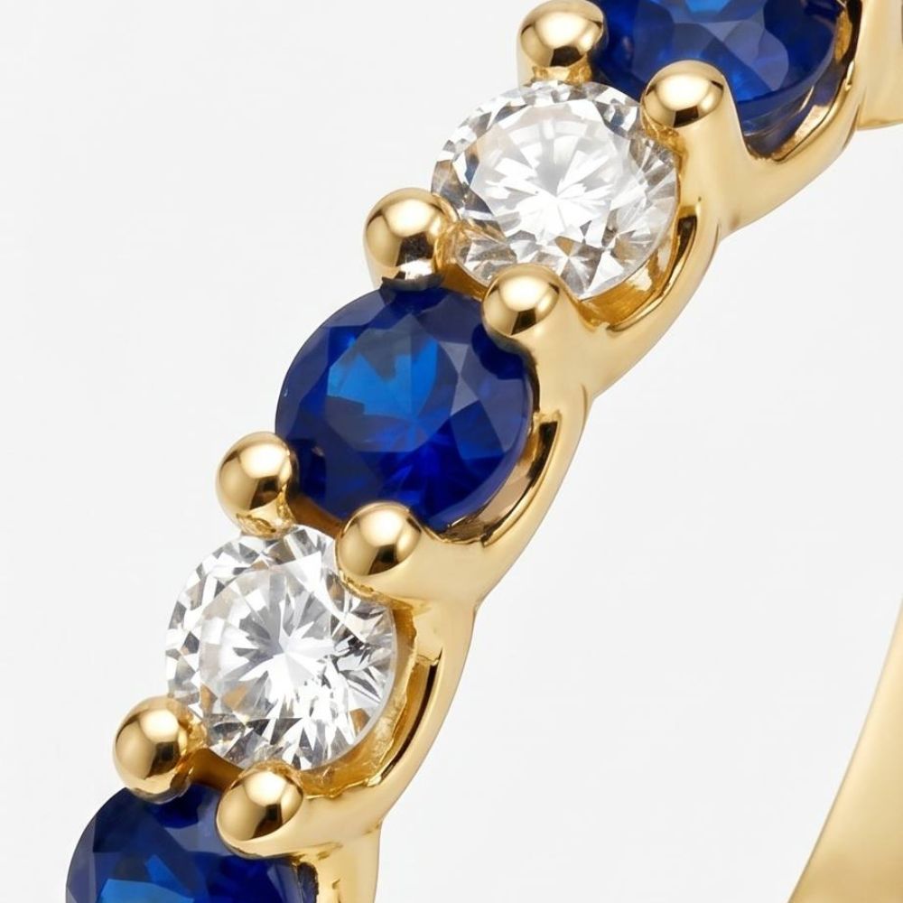 Sapphire & Diamond Half Eternity Band Ring in 14k Yellow Gold