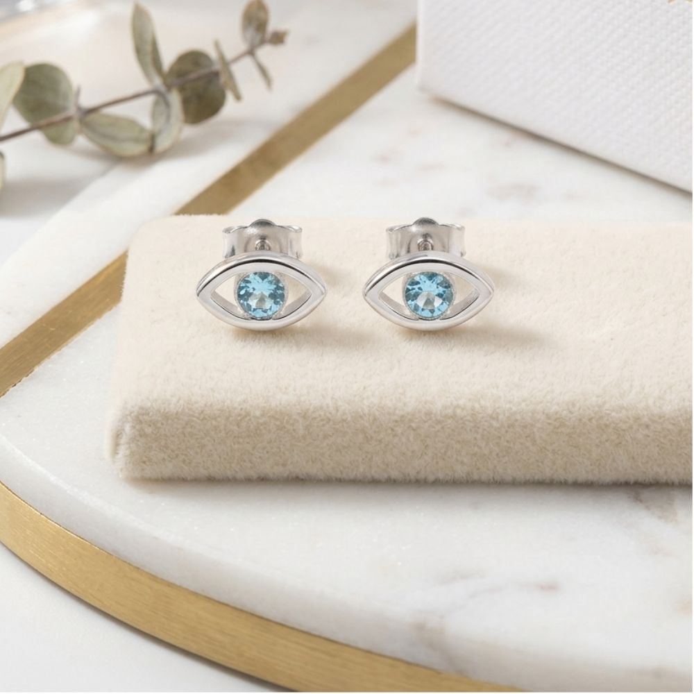 Sterling Silver Evil Eye Stud Earrings Swarovski Crystal Birthstone