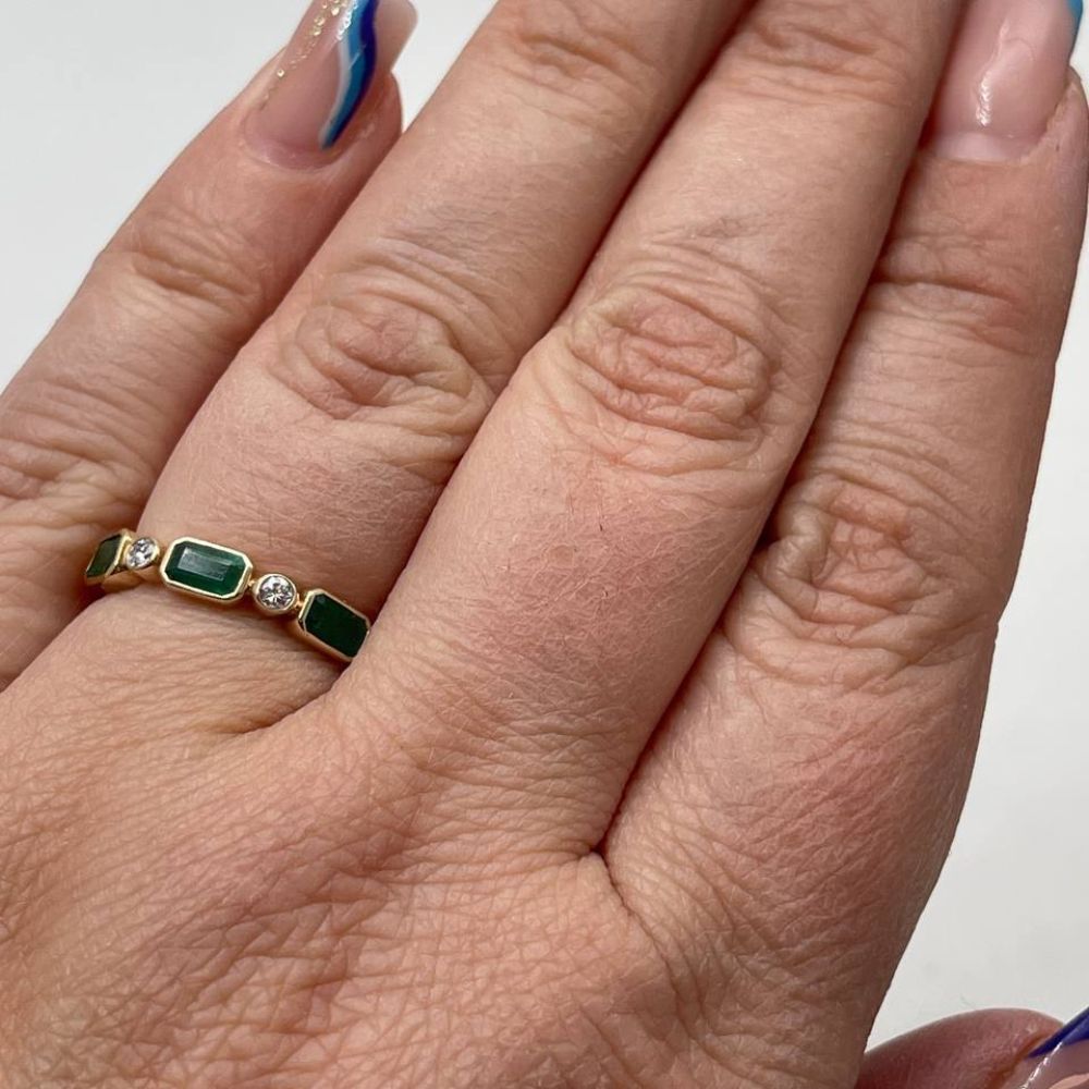 14K Yellow Gold Emerald & Diamond Geometric Band Ring