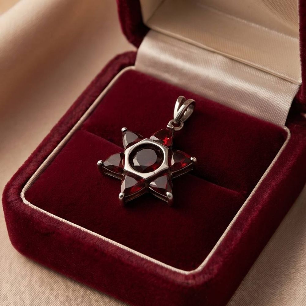 925 Sterling Silver Natural Garnet Star of David Pendant  Magen David Necklace