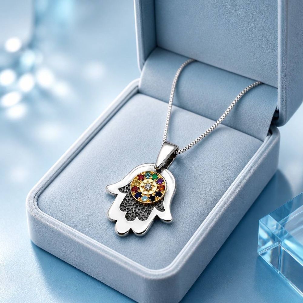 Sterling Silver & 9K Gold Hamsa Necklace with Round Hoshen Gemstones