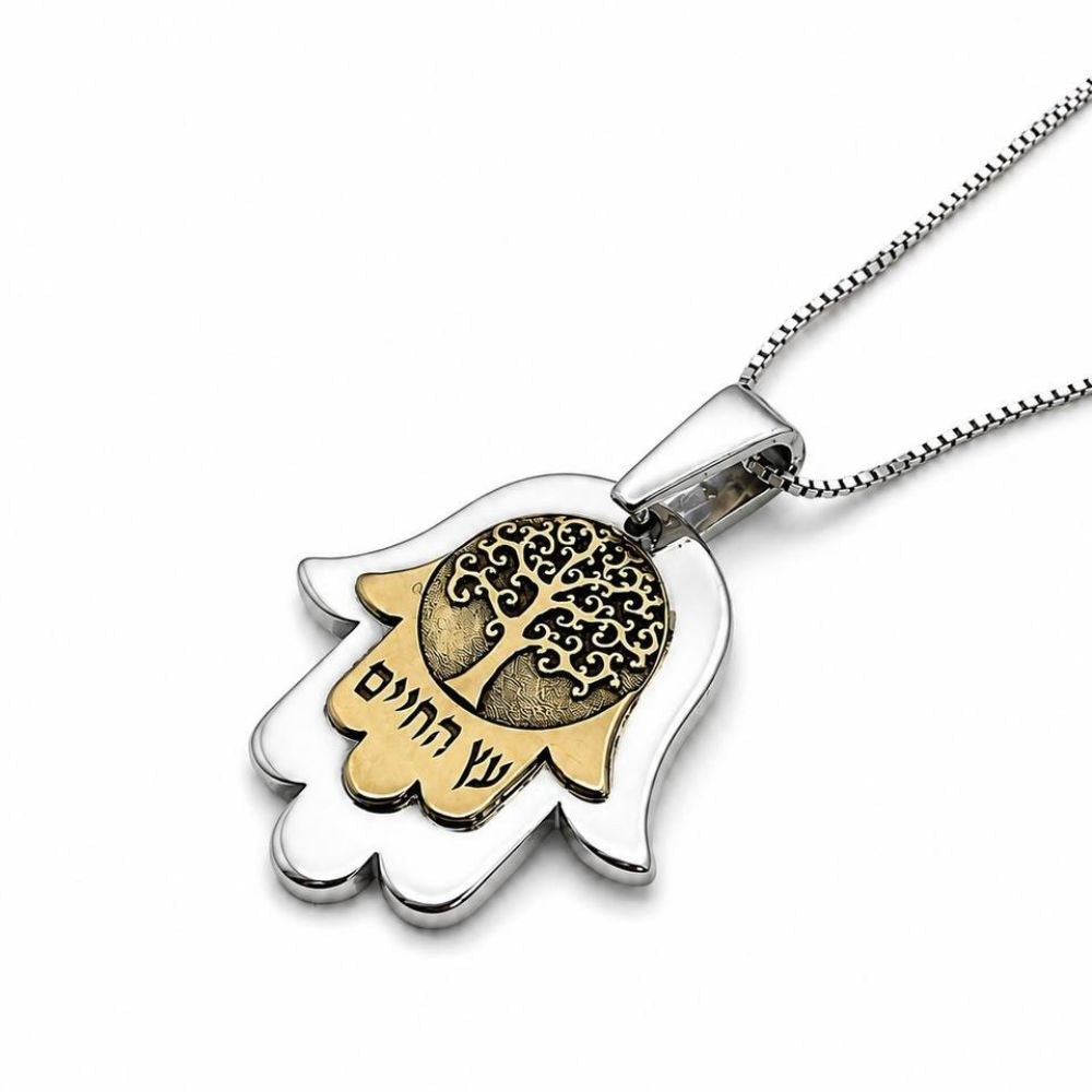 Sterling Silver & 9K Gold Hamsa Tree of Life Pendant Necklace
