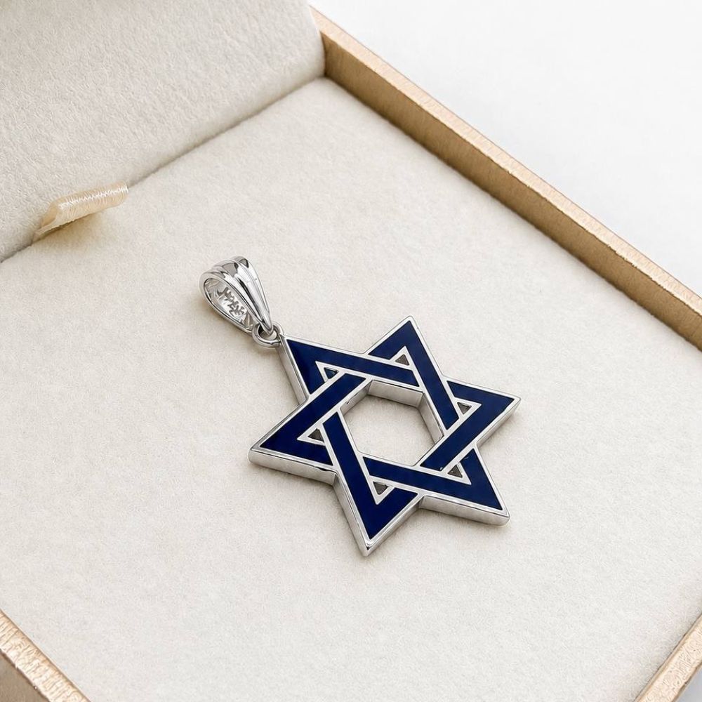 14K Gold Blue Enamel Star of David Pendant