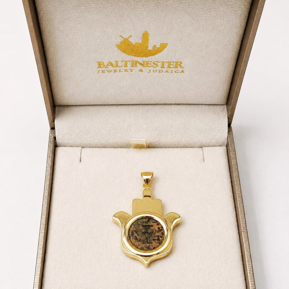 14k Gold Hamsa Pendant with Masada Coin