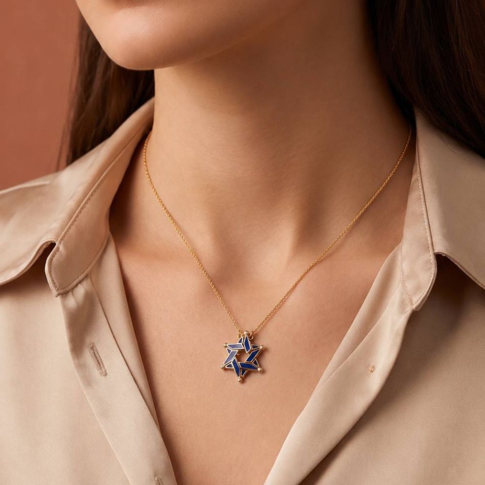 14K Gold Expandable Star of David Butterfly Necklace with Blue Enamel & Diamond