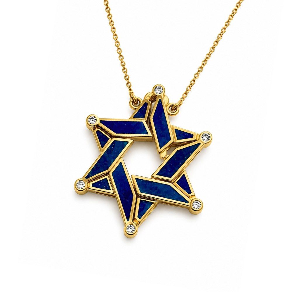 14K Gold Expandable Star of David Butterfly Necklace with Blue Enamel & Diamond