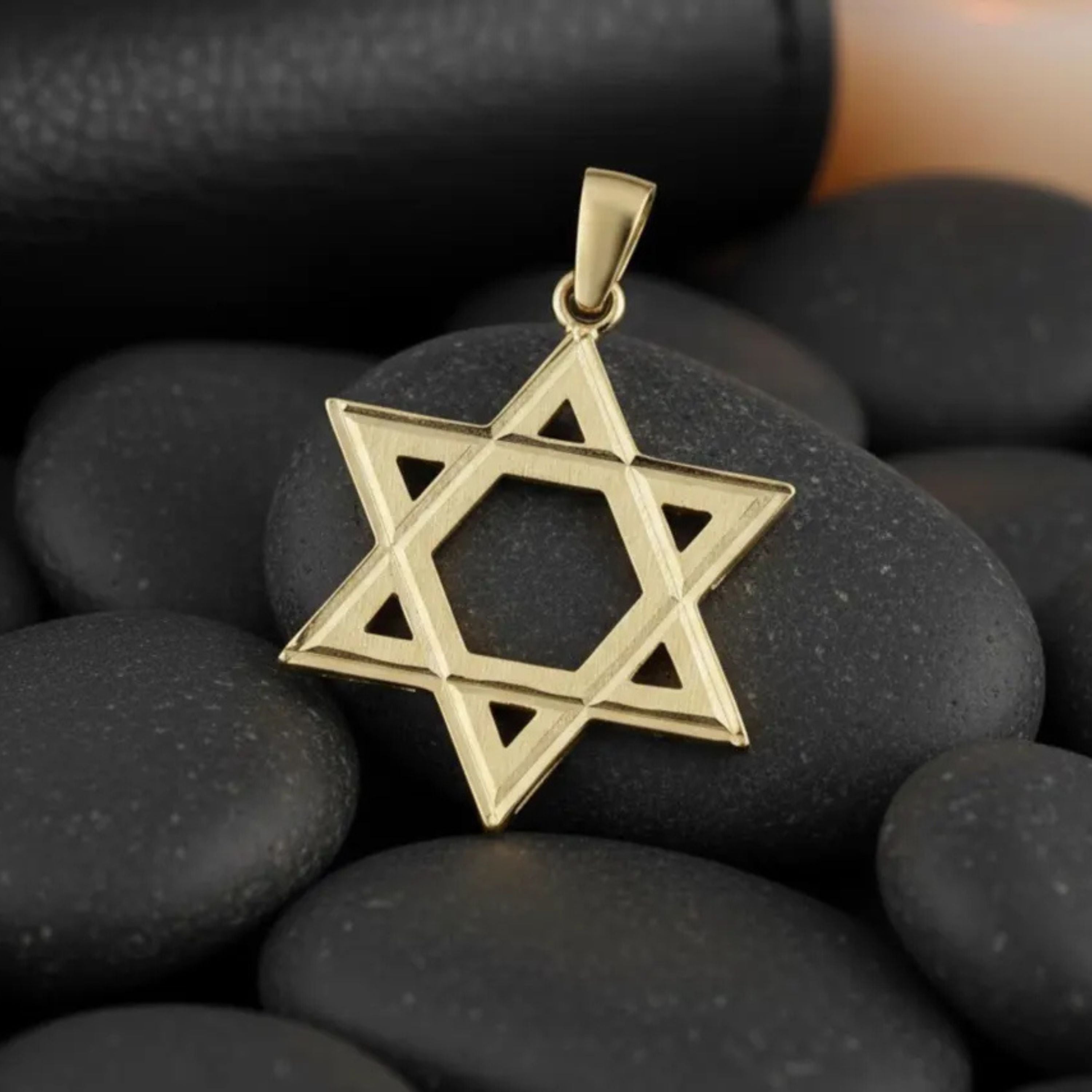 Star of David Pendant - with Lines Dual Finish 14k Gold