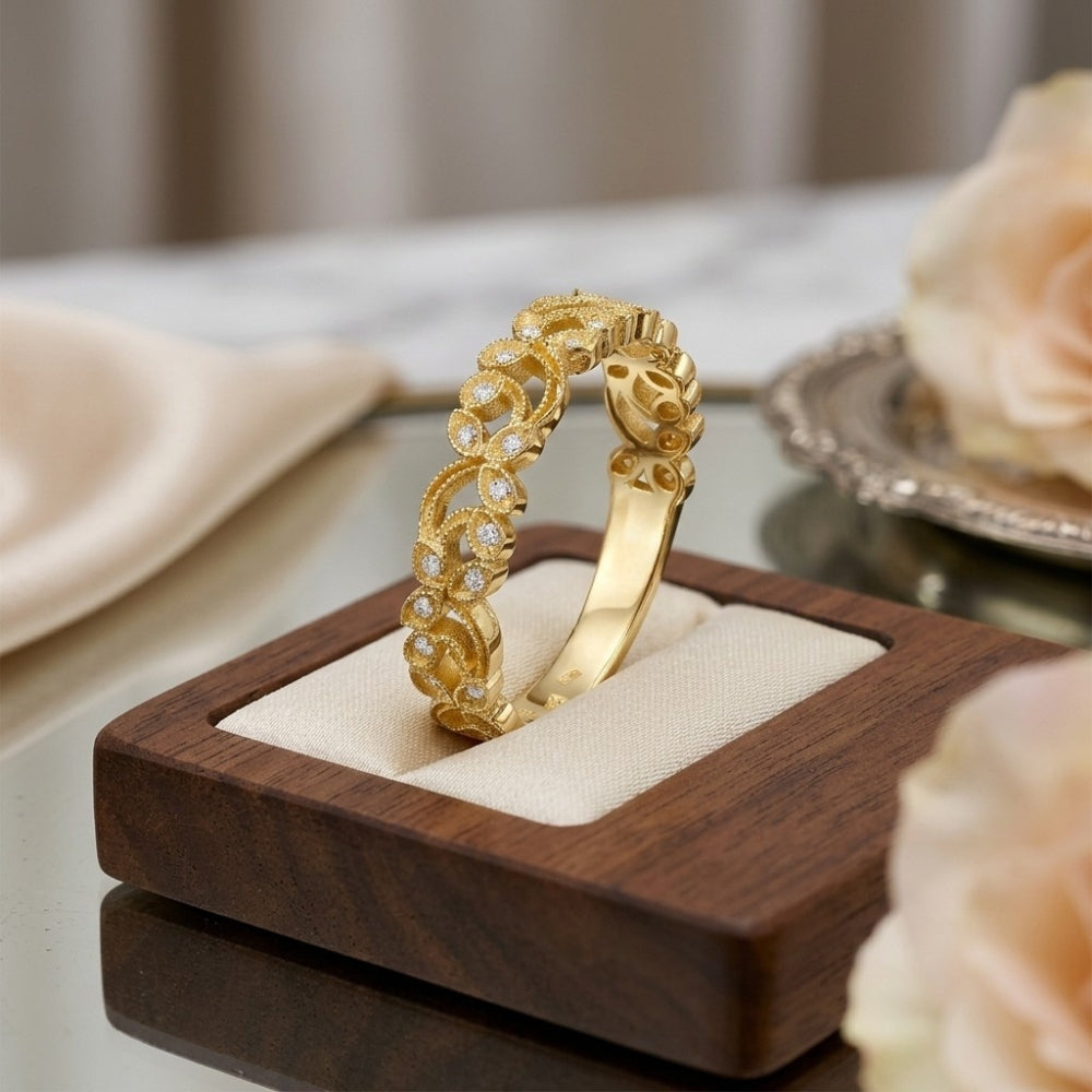 14K Gold Filigree Diamond Ring Floral Band