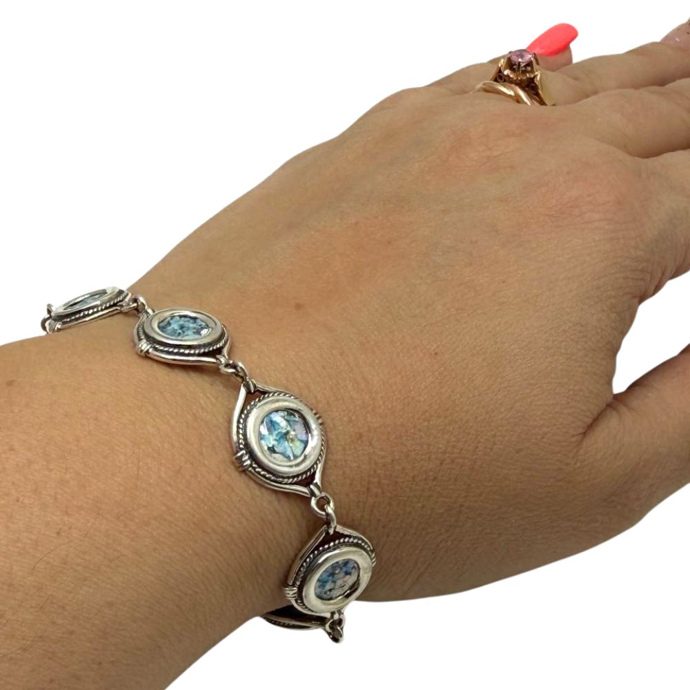 Sterling Silver Roman Glass Link Bracelet Round Station