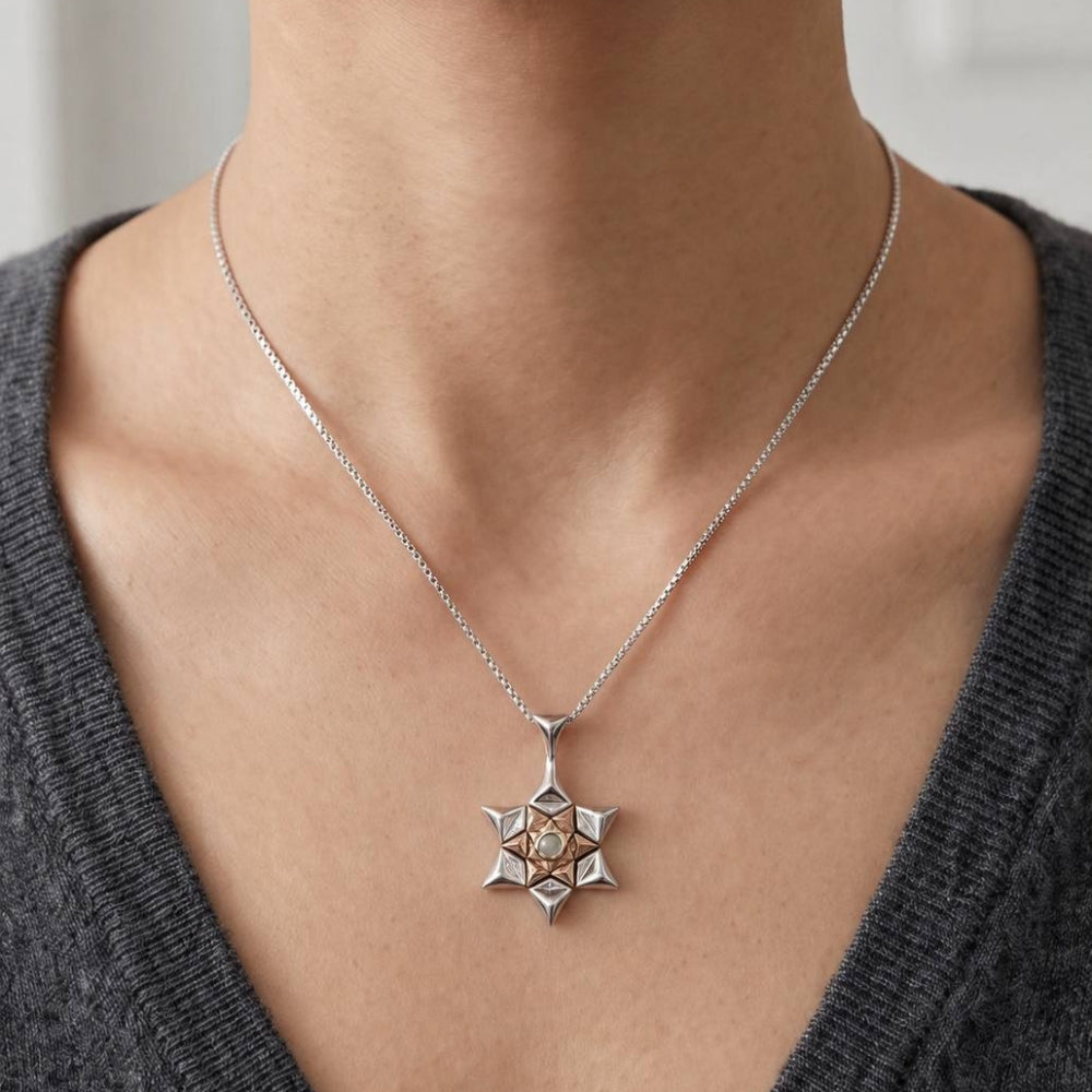 14K Gold and Silver Star of David with Chrysoberyl Kabbalah Pendant Chain Set