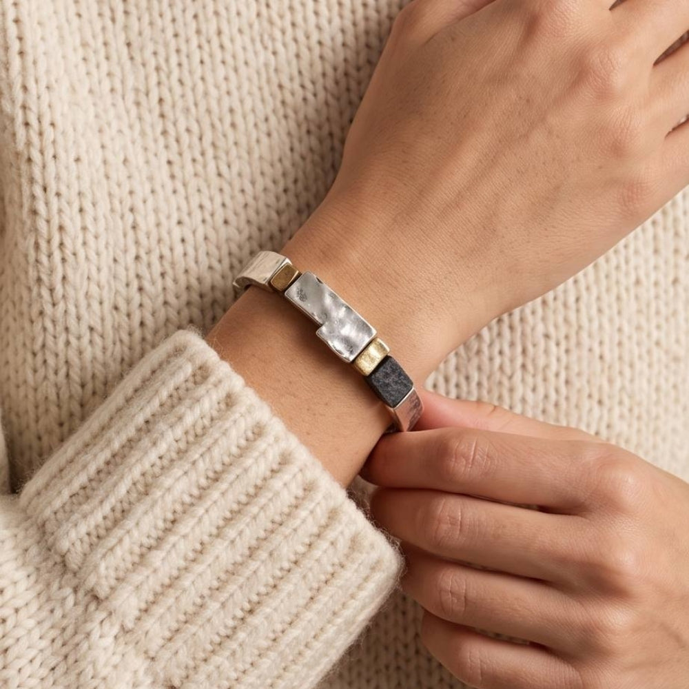 Israeli Silver Bracelet – Oxidized Silver & Gold Plated Lightweight Jewelry