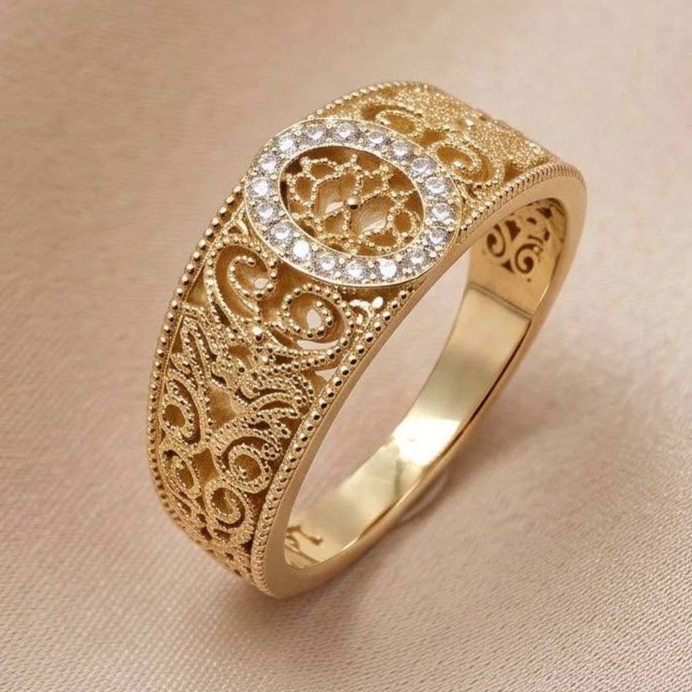 14K Yellow Gold Diamond Filigree Ring – Vintage Ornate Statement Ring