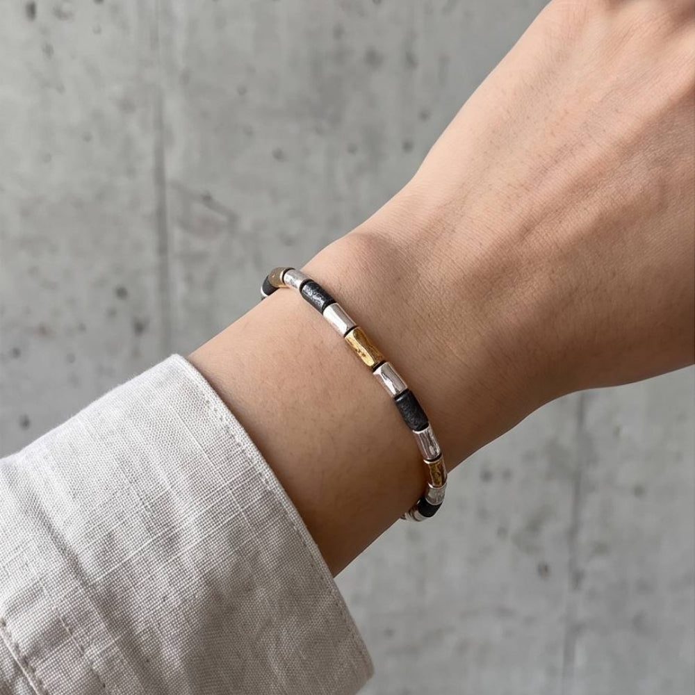 Handcrafted Mixed-Metal Israeli Beaded Bracelet – Sterling Silver, Oxidized Silver & Gold Plated Accent
