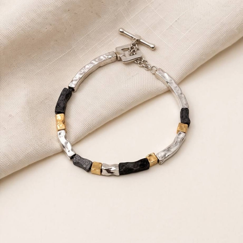 Handcrafted Israeli Mixed-Metal Bar Bracelet – Silver, Oxidized Silver & Gold Plated