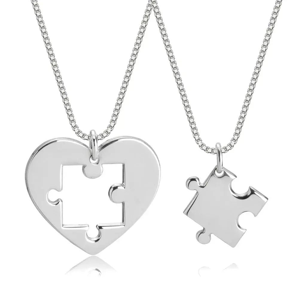 925 Sterling Silver Heart Puzzle Necklace Set – Matching Couple Pendant