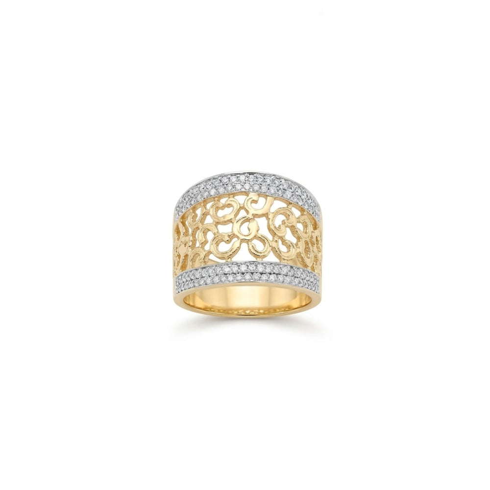 14K Gold Two-Tone Filigree Wide Band Diamond Ring