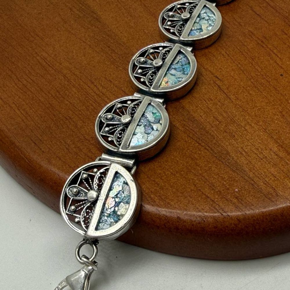 Sterling Silver Roman Glass Link Bracelet