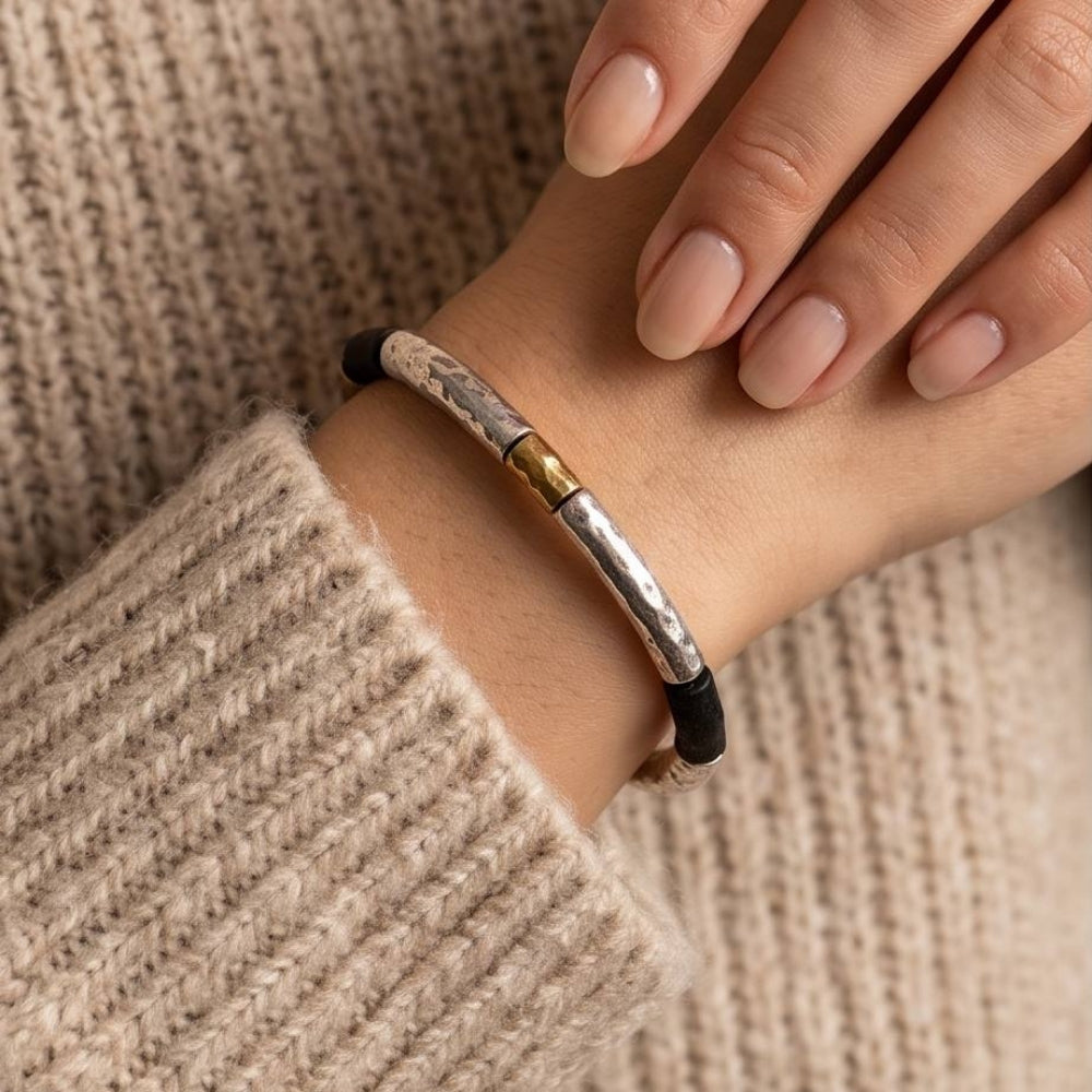 Lightweight Israeli Silver Bracelet – Oxidized Silver & Gold Plated Hammered Jewelry