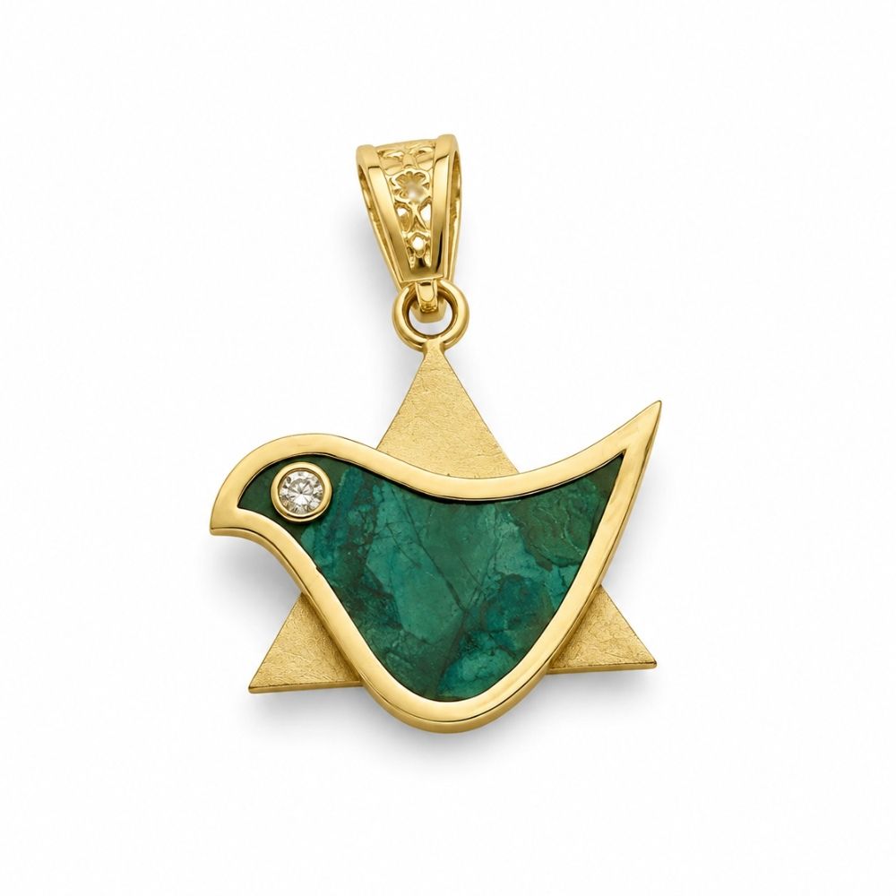 14K Gold Dove & Star of David Pendant with Natural Diamond & Eilat Stone