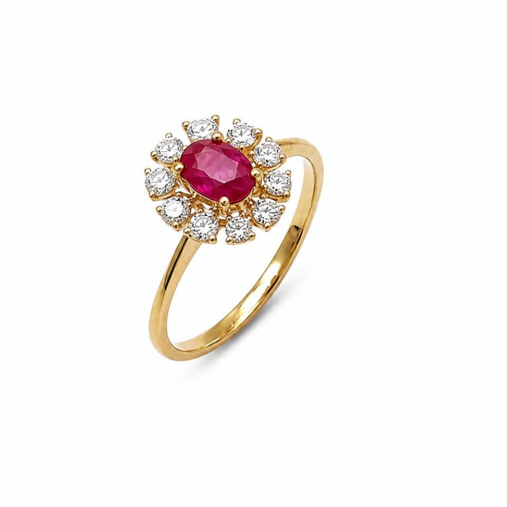 14K Gold Ruby & Diamond Halo Ring