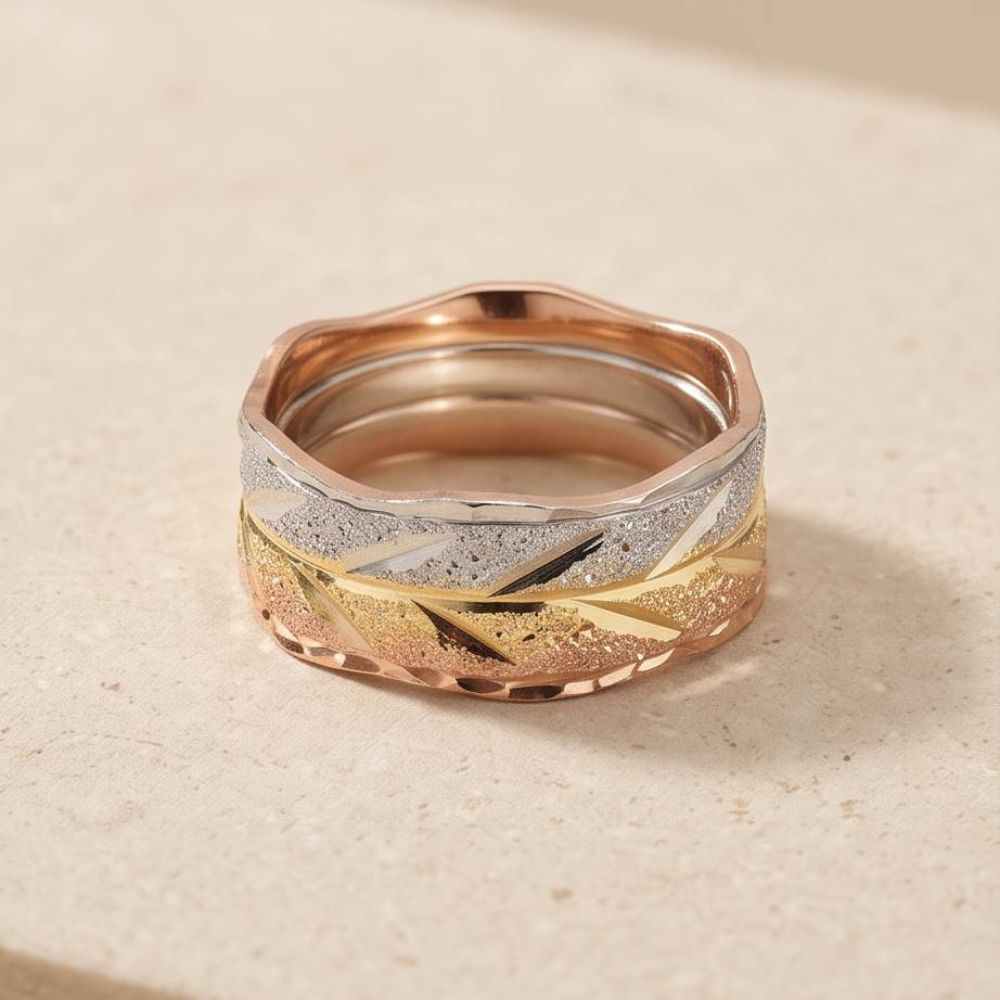14K Tri-Color Gold Wedding Band Ring with Leaf-inspired Pattern