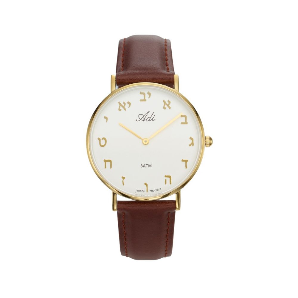 Women's Hebrew Letter Watch 35mm Gold Tone Case Brown Leather Strap