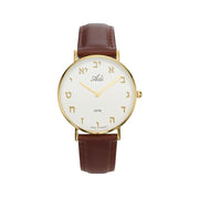Women's Hebrew Letter Watch 35mm Gold Tone Case Brown Leather Strap