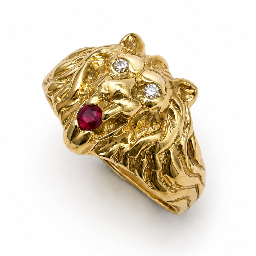 Diamond Lion of Judah Ruby Ring in 14k Yellow Gold