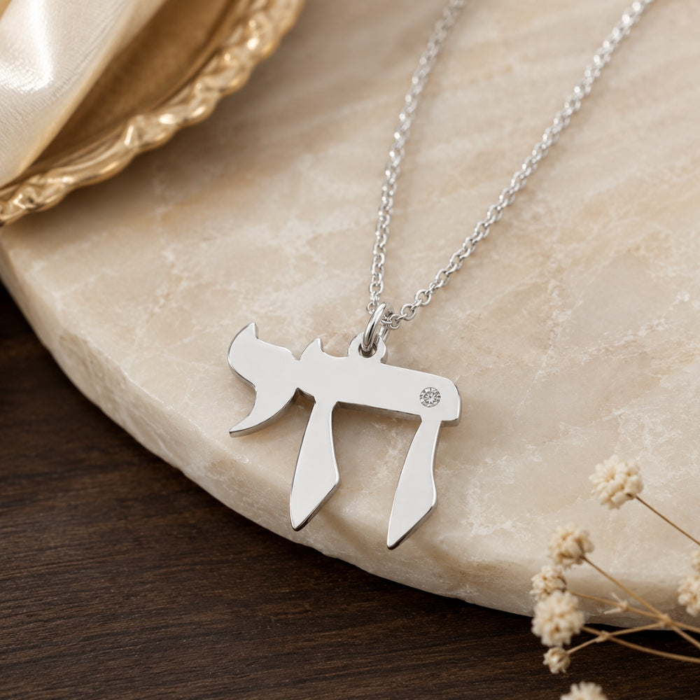 Diamond Chai Necklace for Men  Sterling Silver Jewish Life Pendant