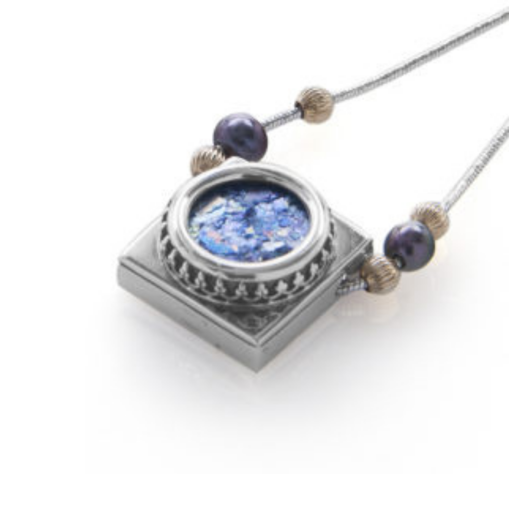 Roman glass necklace  - Silver Ornamental Pearls Dual Shape Necklace