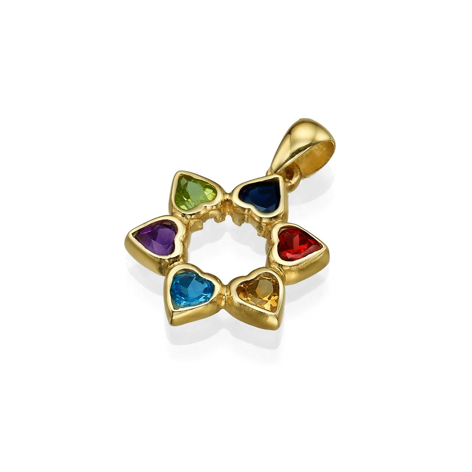 Heart Shaped Colorful Star of David Pendant 14k Gold