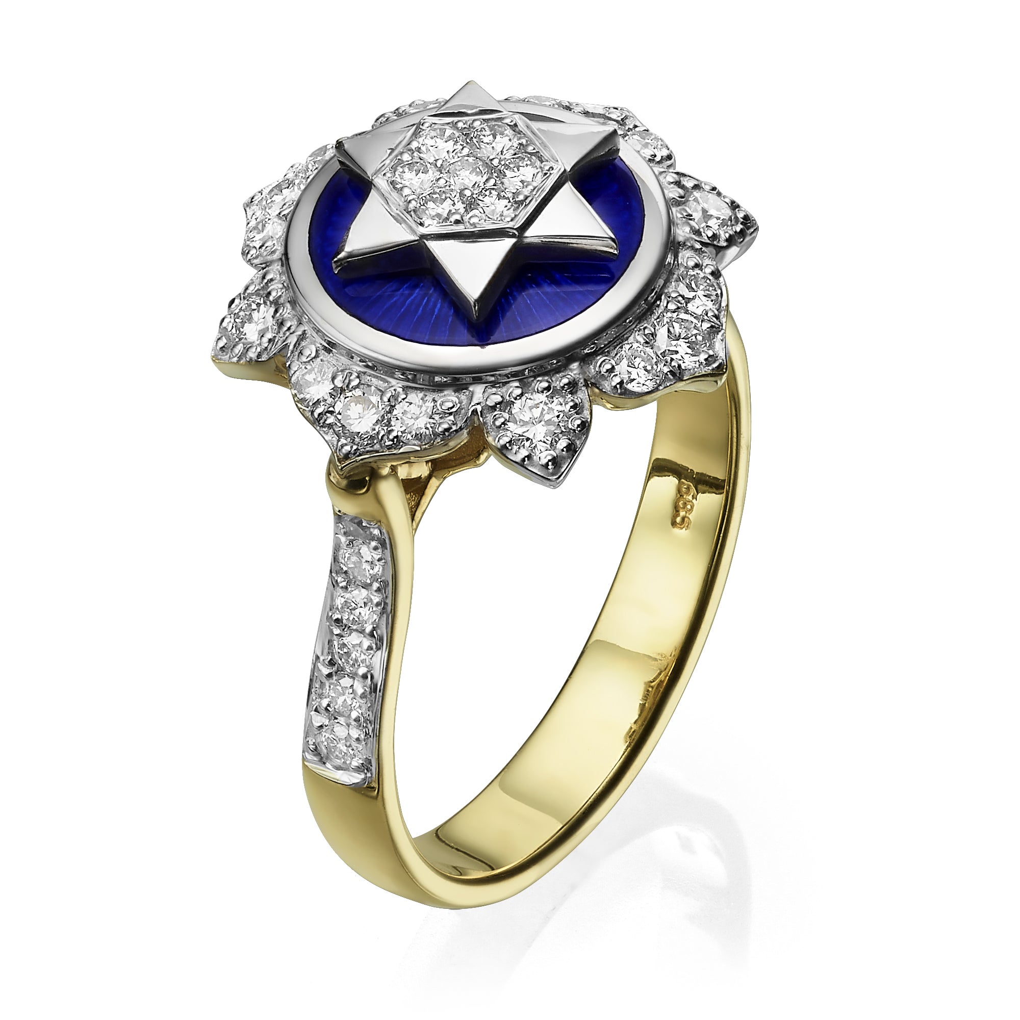 Star of David Ring - 14K Yellow &amp; White Gold and Blue Enamel Diamond Studded