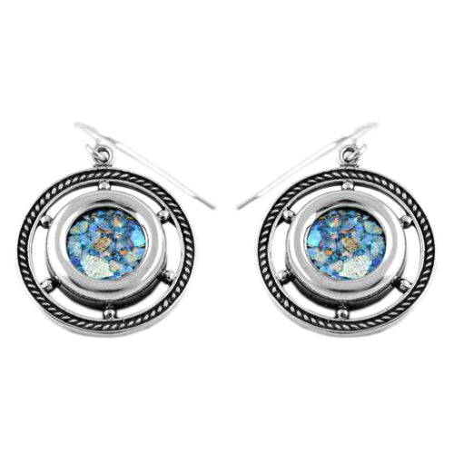 Roman Glass Ship's Wheel Silver Earrings
