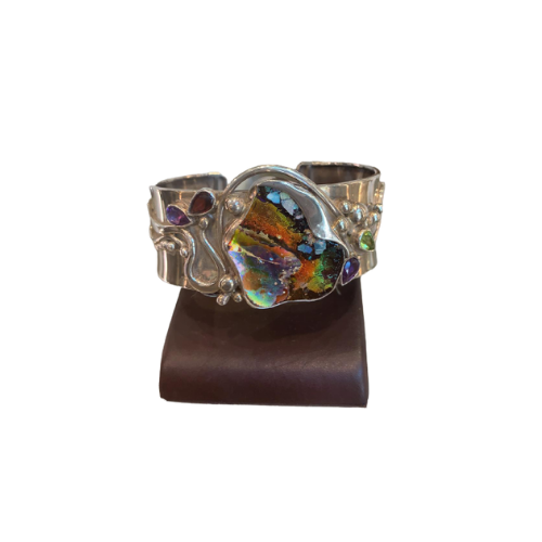 Sterling Silver Holographic Roman Glass Cuff Bracelet