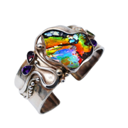 Sterling Silver Holographic Roman Glass Cuff Bracelet