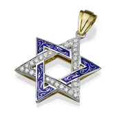 Star of David Pendant - 14K Yellow & White Gold with Blue Enamel Diamond-Studded