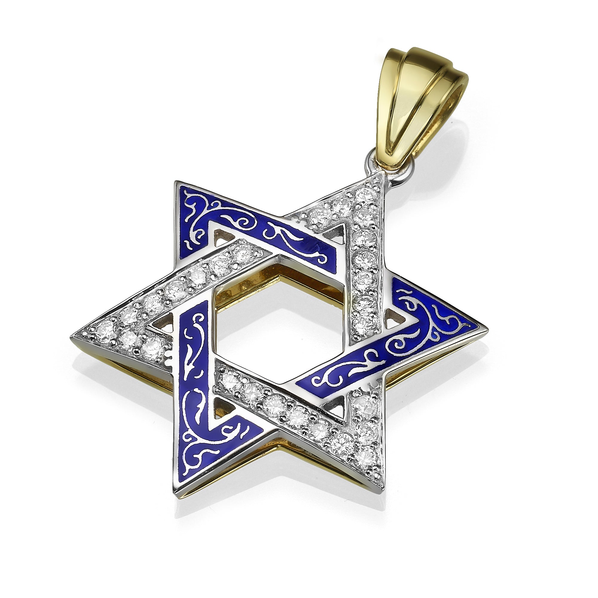 Star of David Pendant - 14K Yellow & White Gold with Blue Enamel Diamond-Studded